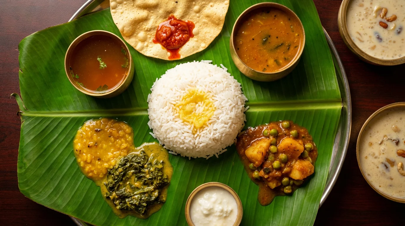 Top-down vibrant view of a traditional South Indian Thali served on a large green banana leaf with multiple brass bowls